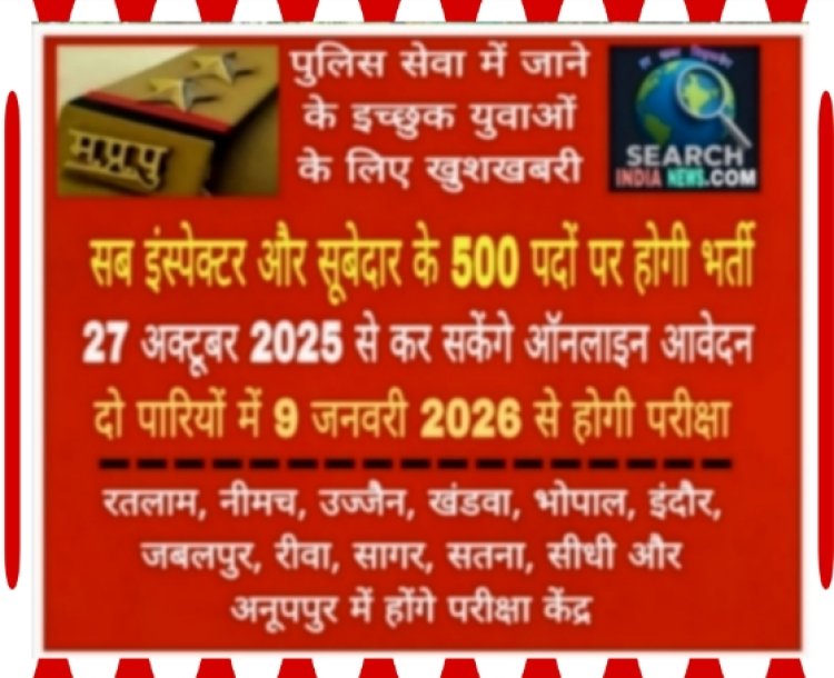 खुश खबरी : सब इंस्पेक्टर व सूबेदार पदों के लिए 27 अक्टूबर से कर सकेंगे आवेदन, रतलाम, नीमच व उज्जैन सहित 12  शहरों में होंगी परीक्षा