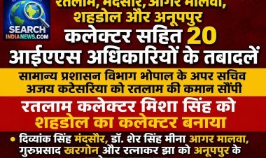 रतलाम, मंदसौर, आगर मालवा, शहडोल, अनूपपुर कलेक्टर सहित 20 आईएएस अधिकारियों के तबादलें